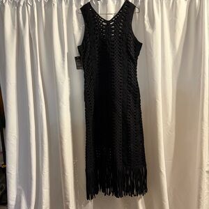 Boston Proper Black Crochet Fringe Midi Dress - Size Large
